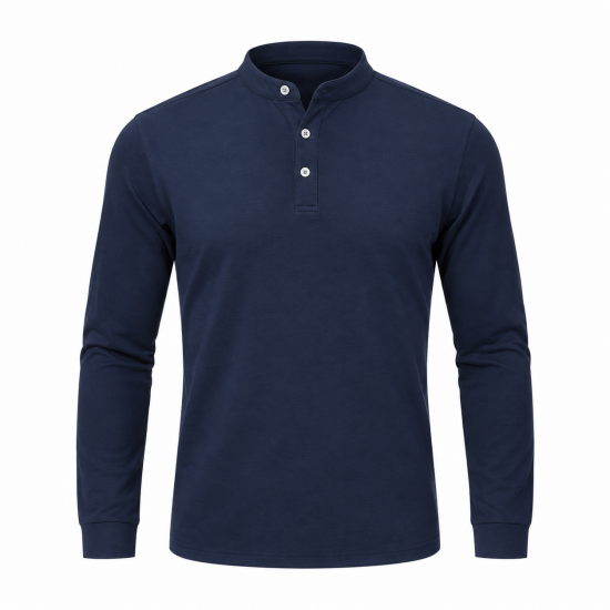 Mens Grandad Polo Shirts Long Sleeve Smart Work Business Golf Casual Solid Tops