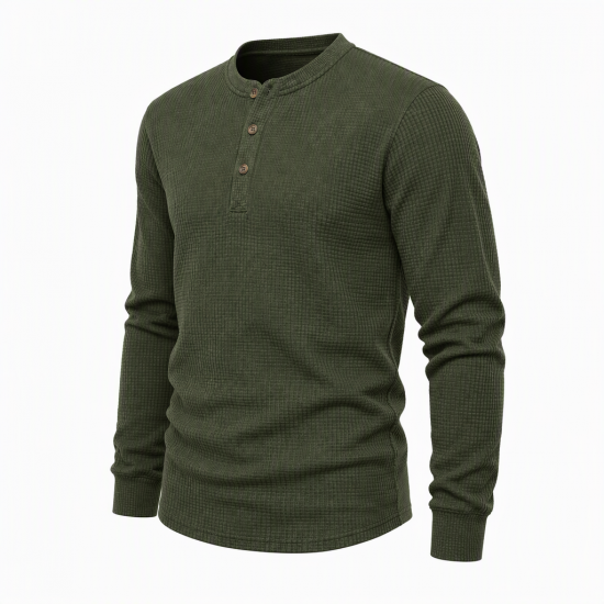 Mens Henley Long Sleeve Jumper Top Plain Grandad Neck Waffle Knit Teet (2208-A)
